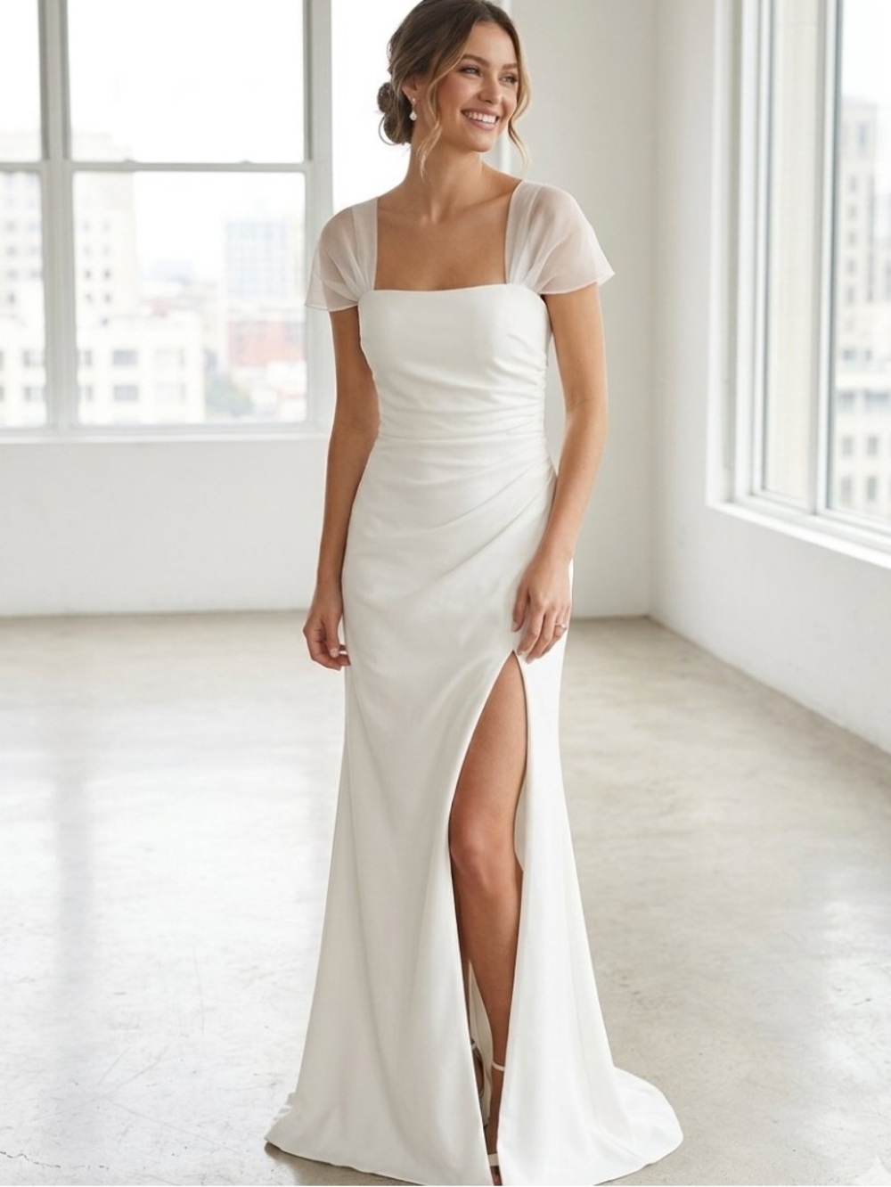 New Lulus White Crepe Column Square Neck Fitted Wedding Gown Sz Medium